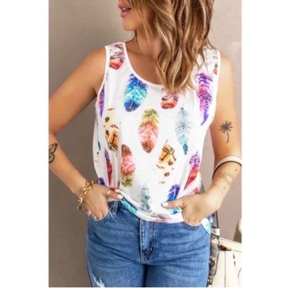 White Aztec Feather Tank Top L